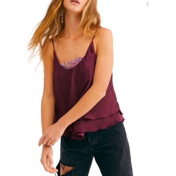Free People Intimately Turn It On Cami Sequins Layered Plum Prune Large NEW NWT - Picture 1 of 13